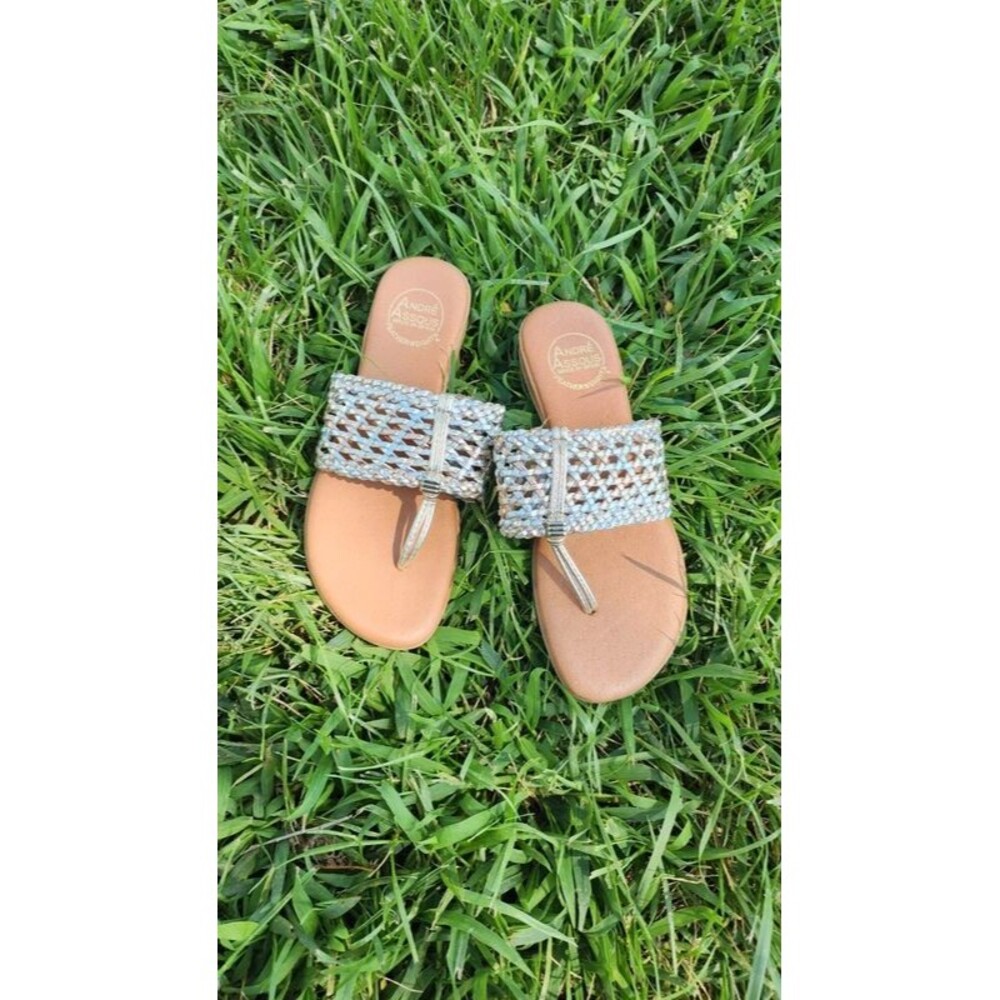 Andre Assous Nice Woven Featherweights Sandal Flip Flop Leather Silver